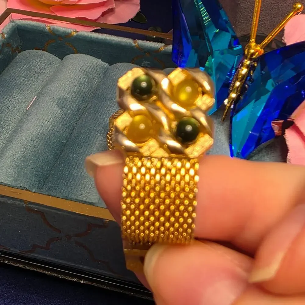 Vintage Swank Gold-Tone Mesh Cufflinks | Green & Amber Cabochon Retro 115